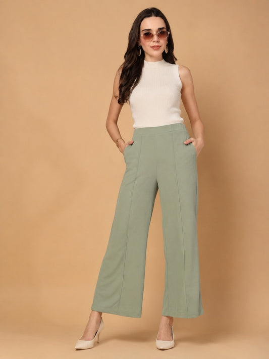 CHIC ELAN Women's Olive Green High Waist Wide Leg Pants | Formal Palazzo Trousers with Pockets