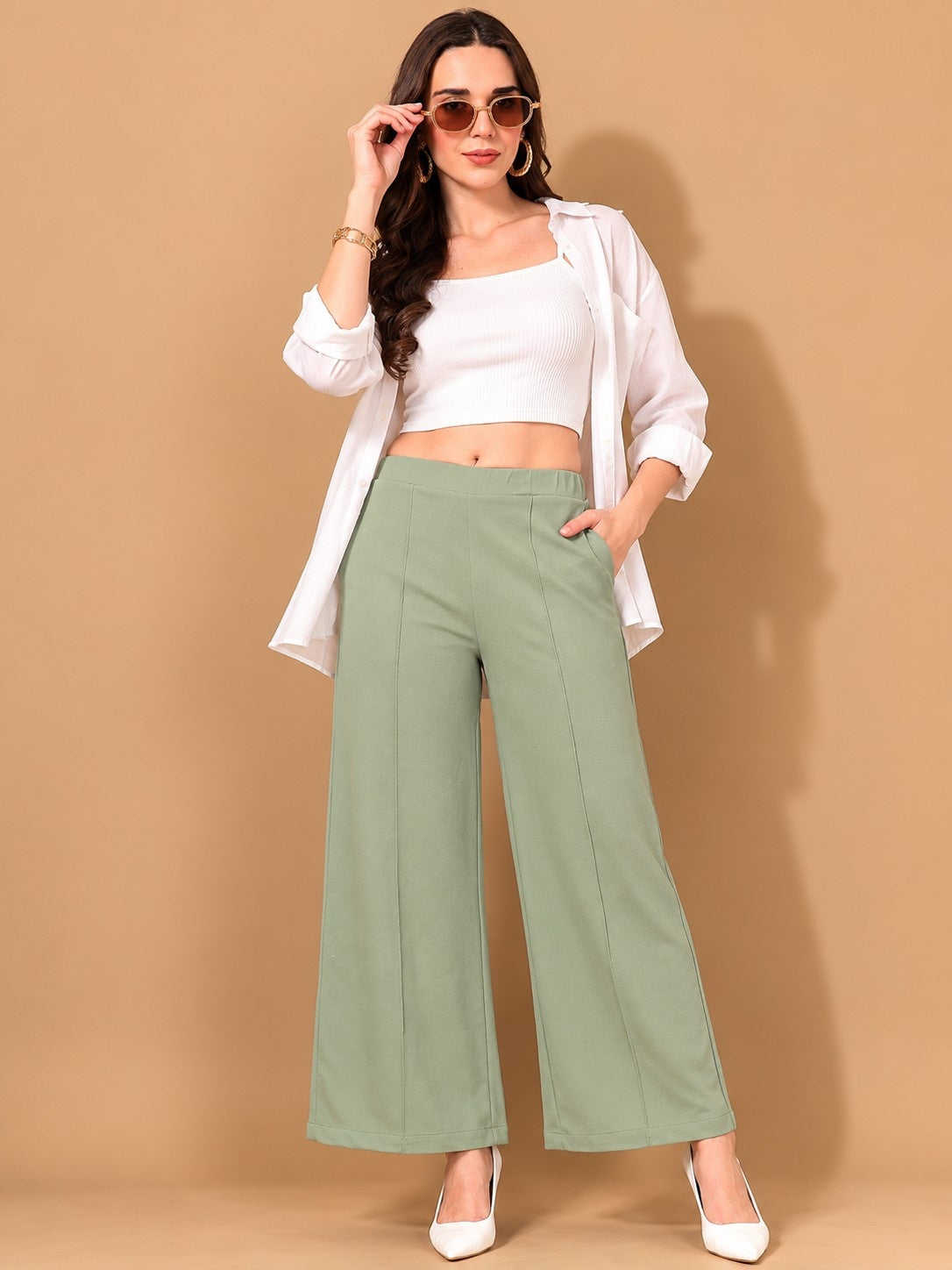 CHIC ELAN Women's Olive Green High Waist Wide Leg Pants | Formal Palazzo Trousers with Pockets