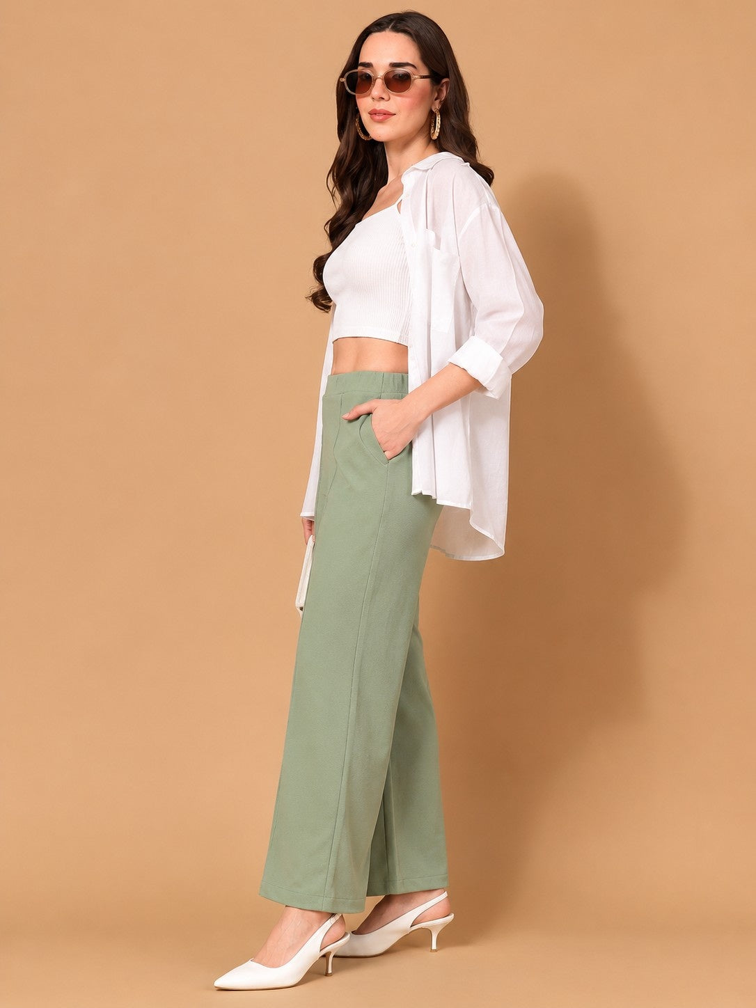 CHIC ELAN Women's Olive Green High Waist Wide Leg Pants | Formal Palazzo Trousers with Pockets