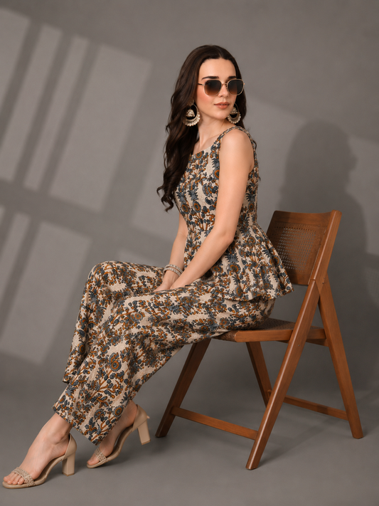 CHIC ELAN Women's Beige Floral Printed Co-Ord Set | Sleeveless Peplum Top & Wide Leg Pants